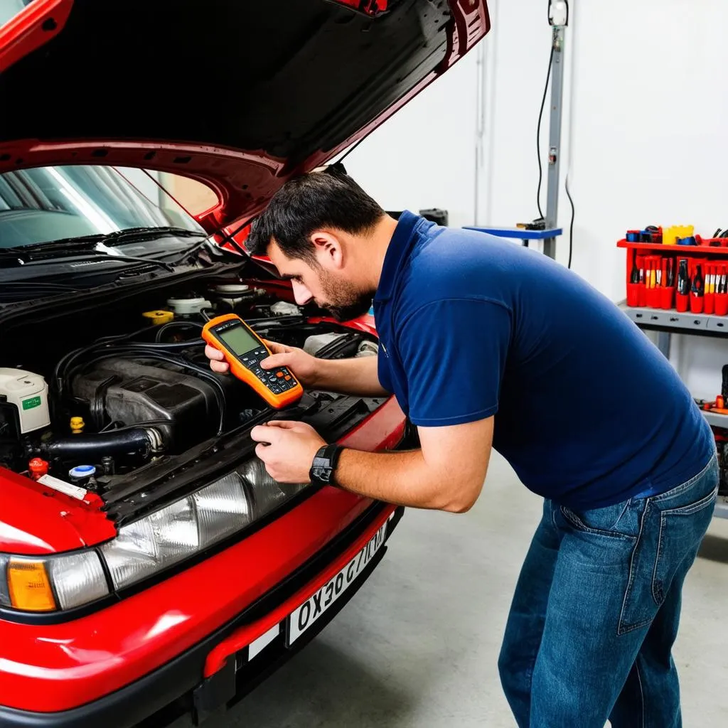 mechanic diagnosing car